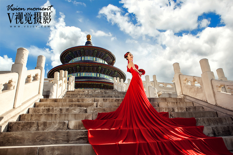 北京婚纱摄影：赞V视觉摄影天坛婚纱照，秀Met Ball中国风！一款红色晚礼